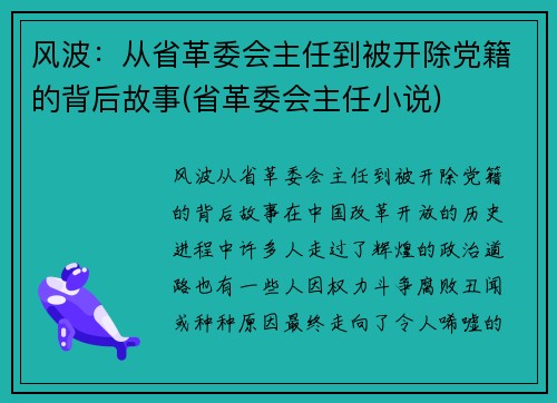 风波：从省革委会主任到被开除党籍的背后故事(省革委会主任小说)
