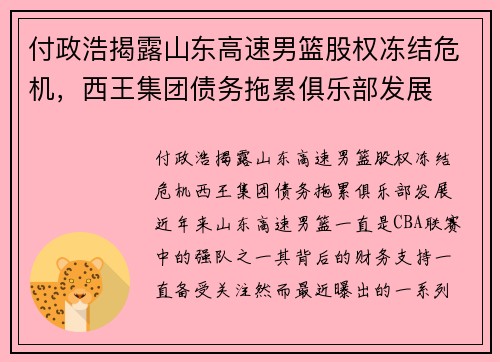 付政浩揭露山东高速男篮股权冻结危机，西王集团债务拖累俱乐部发展