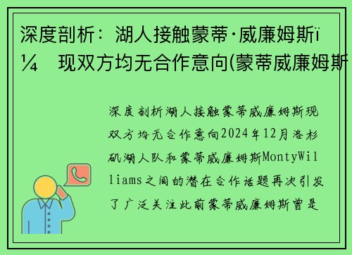 深度剖析：湖人接触蒙蒂·威廉姆斯，现双方均无合作意向(蒙蒂威廉姆斯执教经历)
