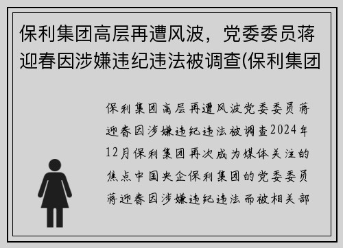保利集团高层再遭风波，党委委员蒋迎春因涉嫌违纪违法被调查(保利集团副总裁)